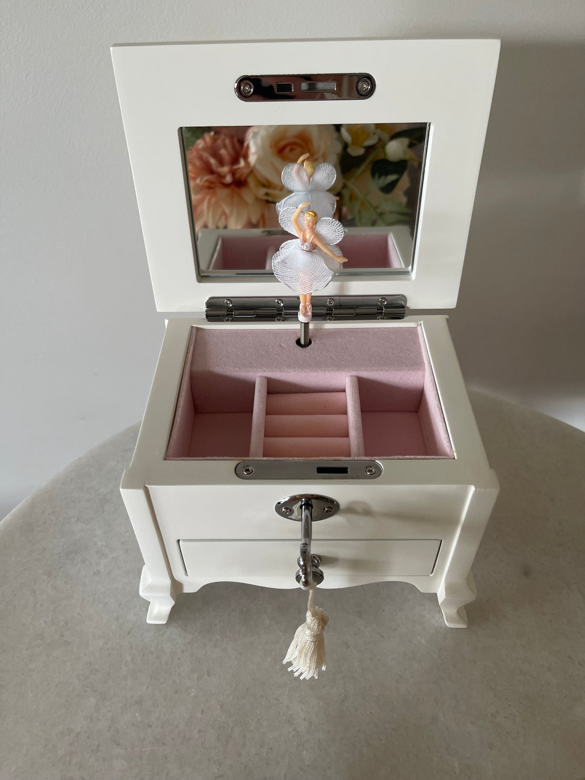 White Musical Ballerina Jewellery Box with Drawer