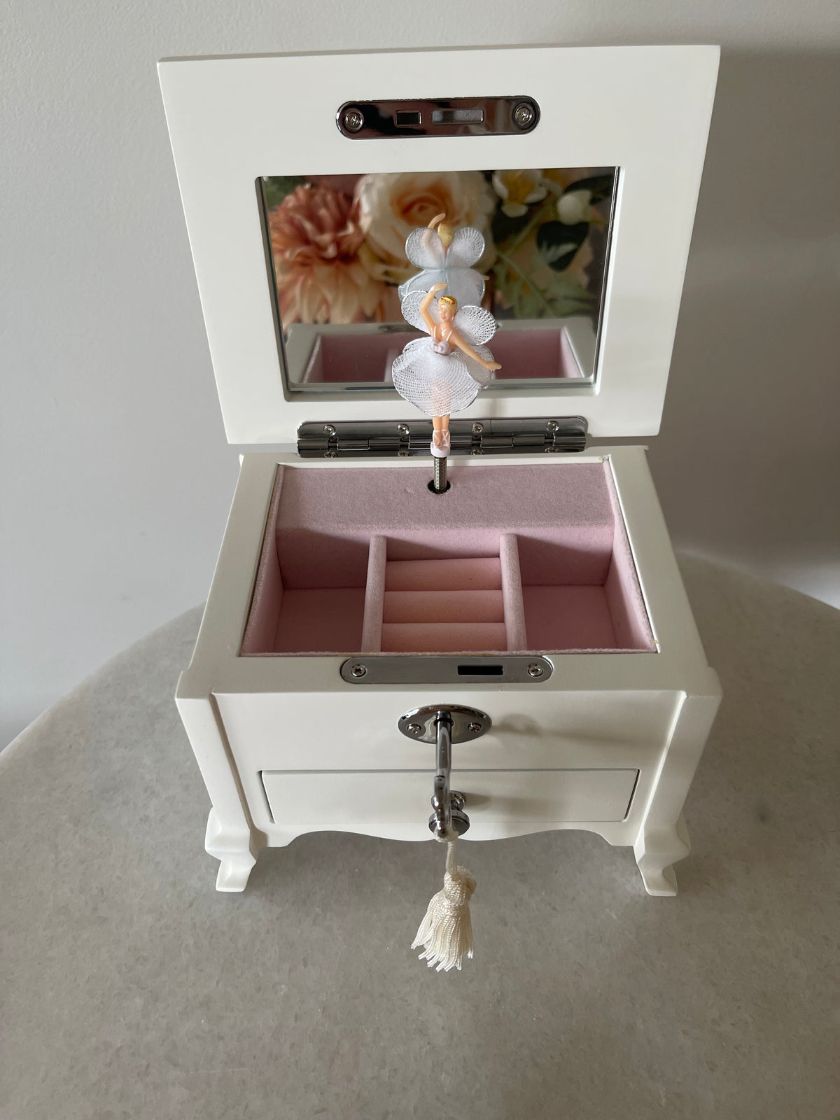 White Musical Ballerina Jewellery Box with Drawer